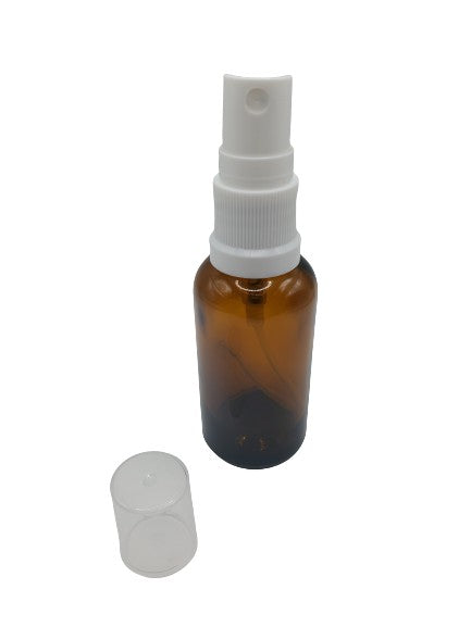 Bouteille en verre ambre 30ml vaporisateur blanc