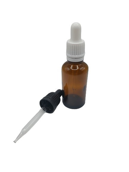 Bouteille en verre ambre 30ml pipette blanche et noir